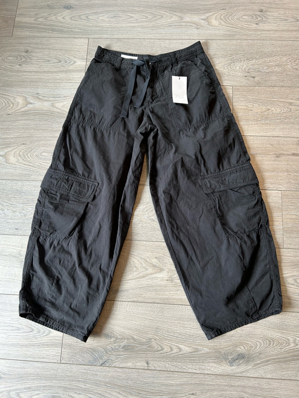 Zara Denim Balloon Barrel High Rise Baggy Cargo Jeans Pants Black Size 6 New
